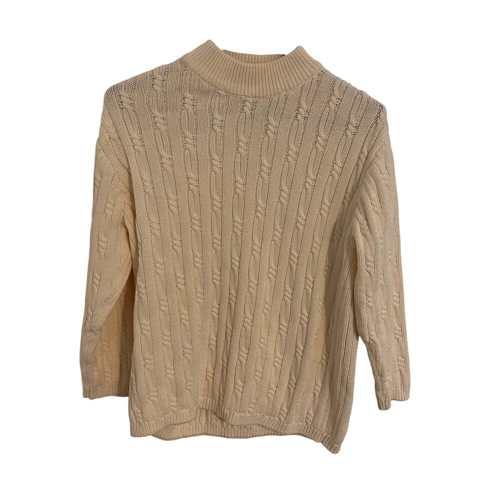Charter Club Sweater Womens Petites Medium Cream Cable Knit Fisherman 3/4 Sleeve
